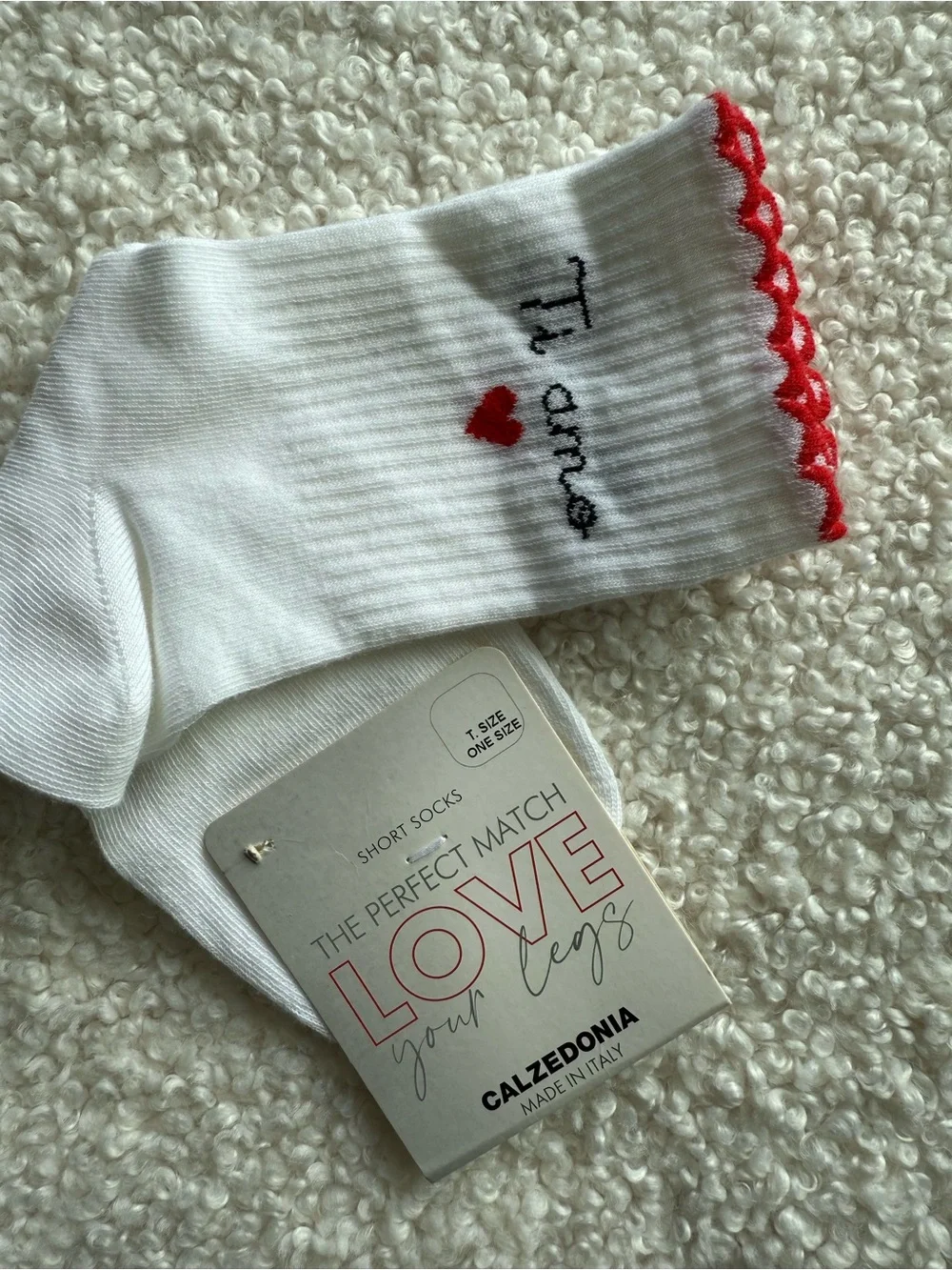 White 'Ti amo' Crew Socks with Red Heart Accent
